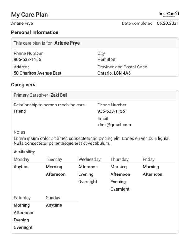 Output: Printable care plan sheets